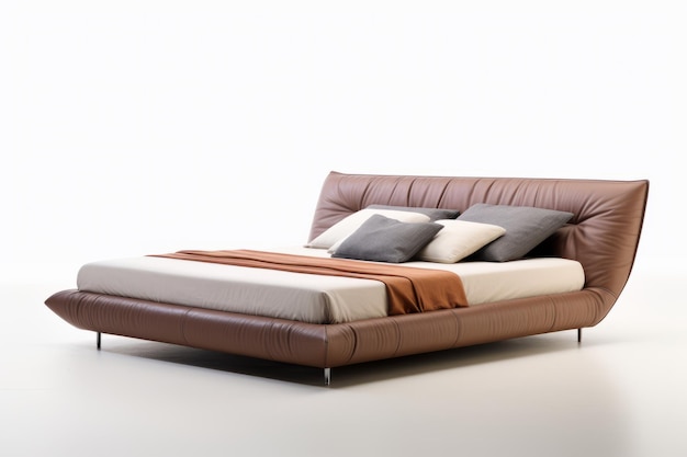 nowoczesne łóżko do sypialni z poduszkami i kocem na białym tle