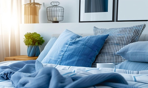 Nowoczesne łóżko z niebieskimi kocełkami i niebieskami poduszkami