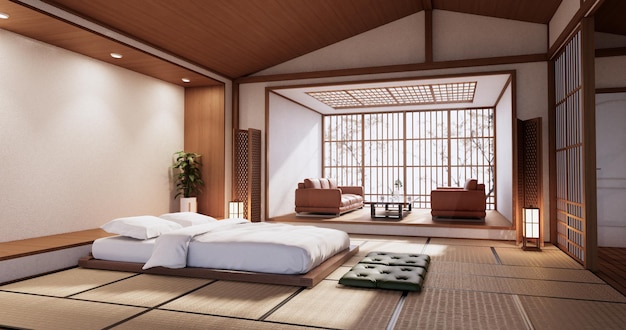 Nowoczesne łóżko Zen i rośliny decoartion w japońskiej sypialni. Renderowanie 3D.