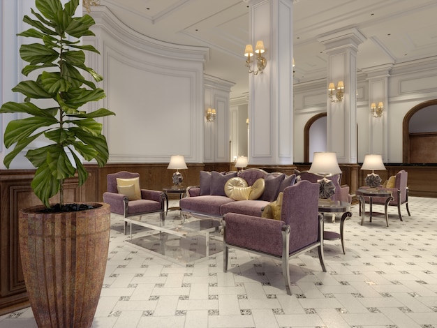 Nowoczesne, luksusowe wnętrze hotelu w holu z luksusowymi meblami. renderowanie 3d