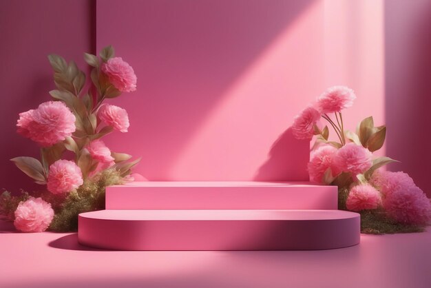 nowoczesne makiety na podium ustaw różową scenę z kwiatami i cieniem światła słonecznego wysokiej jakości tłem