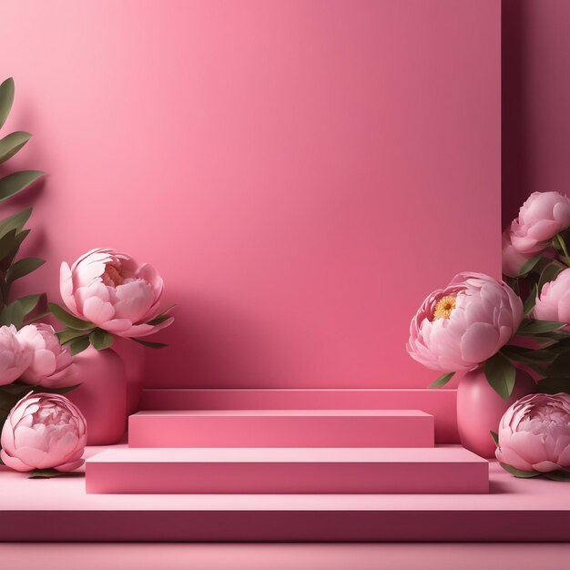 nowoczesne makiety na podium ustawione różową scenę z kwiatami i cieniem światła słonecznego wysokiej jakości tła