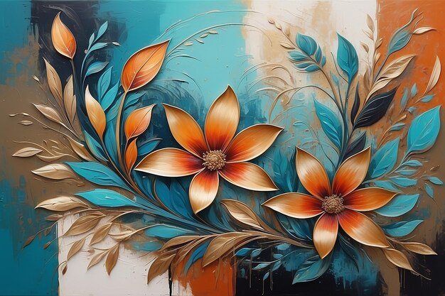 Nowoczesne malarstwo abstrakcyjne elementy metalowe tekstura tło kwiaty i rośliny