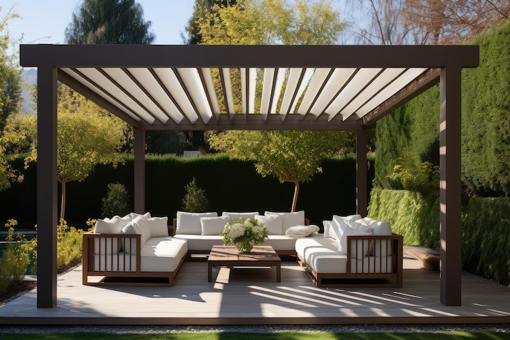 Zdjęcie nowoczesne meble patio zawierają konstrukcję pergolową