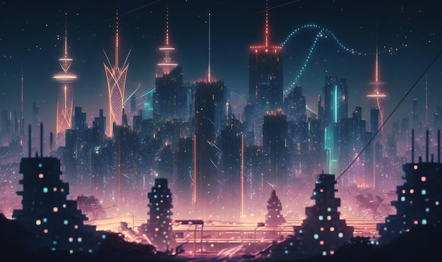 Nowoczesne miasto z bezprzewodowym połączeniem sieciowym przedstawione w koncepcji pejzażu miejskiego z nocnym tłem
