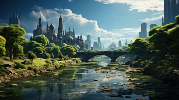 Nowoczesne miasto z rzekami, mostami i zieloną atmosferą miasta z powodu zmian klimatycznych