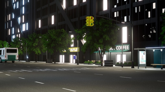 Nowoczesne miasto z wysokimi budynkami i powierzchniami biurowymi w miejskiej dzielnicy biznesowej, światła miasta migoczące w nocy. Struktura i architektura metropolii, śródmieście. Animacja renderowania 3D.