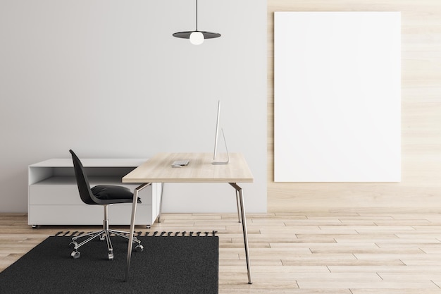 Nowoczesne minimalistyczne drewniane wnętrze biurowe z pustą makietą na ścianie w miejscu pracy meble dywanowe i urządzenie komputerowe Koncepcja stylu i projektu Renderowanie 3D