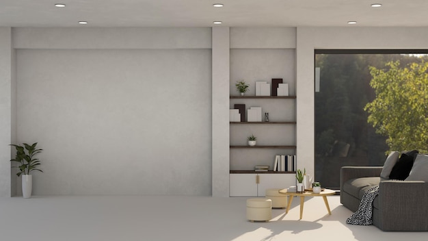 Nowoczesne minimalistyczne przestronne wnętrze salonu z sofą i pustą przestrzenią nad szarą ścianą