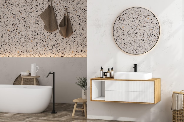 Nowoczesne minimalistyczne wnętrze łazienki nowoczesna szafka łazienkowa biała umywalka drewniana toaletka rośliny wewnętrzne akcesoria łazienkowe wanna biała ściana lastryko podłogi renderowania 3d