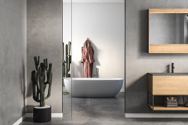 Nowoczesne minimalistyczne wnętrze łazienki nowoczesna szafka łazienkowa biała umywalka drewniana toaletka rośliny wewnętrzne akcesoria łazienkowe wanna białe i betonowe ściany betonowa podłoga renderowanie 3d