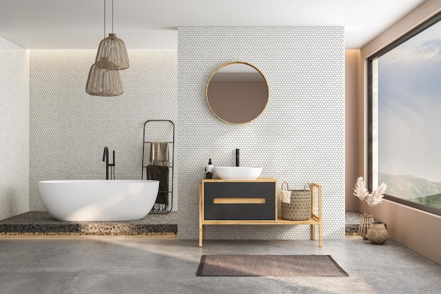 Nowoczesne minimalistyczne wnętrze łazienki nowoczesna szafka łazienkowa biała umywalka drewniana toaletka rośliny wewnętrzne akcesoria łazienkowe wanna i prysznic białe i kafelkowe ściany betonowa podłoga renderowania 3d