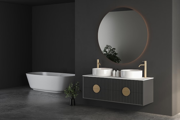 Nowoczesne minimalistyczne wnętrze łazienki, nowoczesna szafka łazienkowa, podwójna umywalka, rośliny wewnętrzne, łazienka