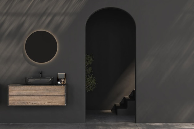 Nowoczesne minimalistyczne wnętrze łazienki nowoczesne szafki łazienkowe podwójna czarna umywalka drewniana toaletka rośliny wewnętrzne akcesoria łazienkowe wanna czarne ściany betonowa podłoga renderowania 3d