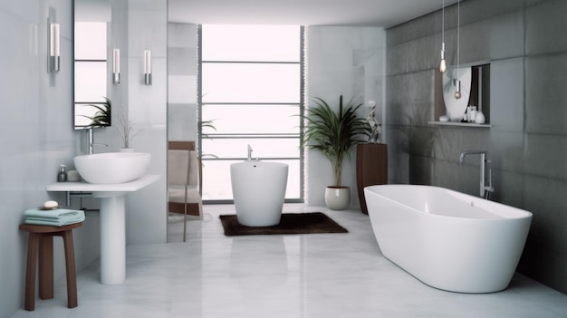Nowoczesne minimalistyczne wnętrze łazienki w białej kolorystyce Generative AI AIG27