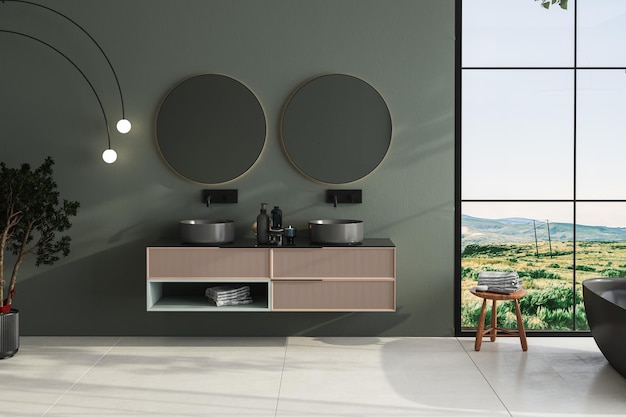 Nowoczesne minimalistyczne wnętrze łazienki z ciemnozieloną ścianą luksusowa szafka łazienkowa z podwójną umywalką rośliny wewnętrzne wanna blat las widok z okna Przytulny projekt łazienki 3D Render