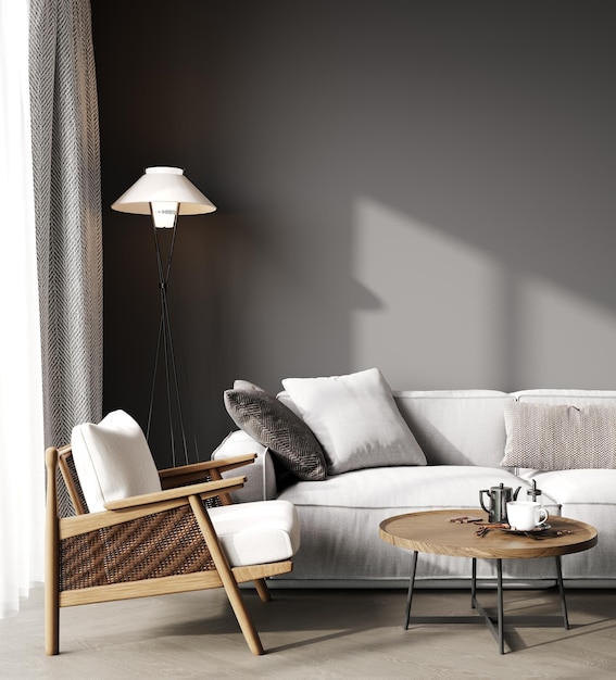Nowoczesne minimalistyczne wnętrze salonu makieta z białą sofą drewniane meble szare tło wnętrza salonu skandynawski salon w odcieniach szarości renderowania 3d