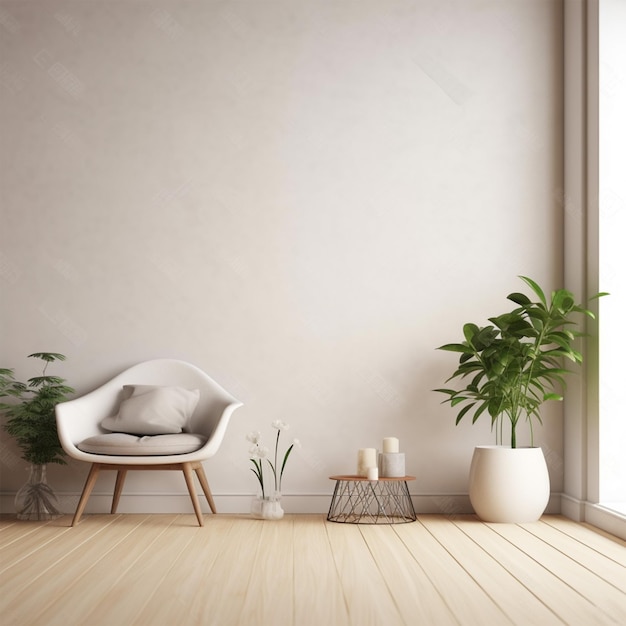 Nowoczesne minimalistyczne wnętrze z fotelem na pustej ścianie