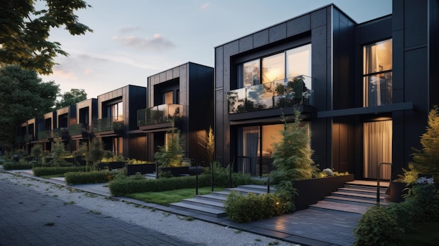 Nowoczesne modułowe prywatne czarne domy miejskie Architektura mieszkalna zewnętrzna AI