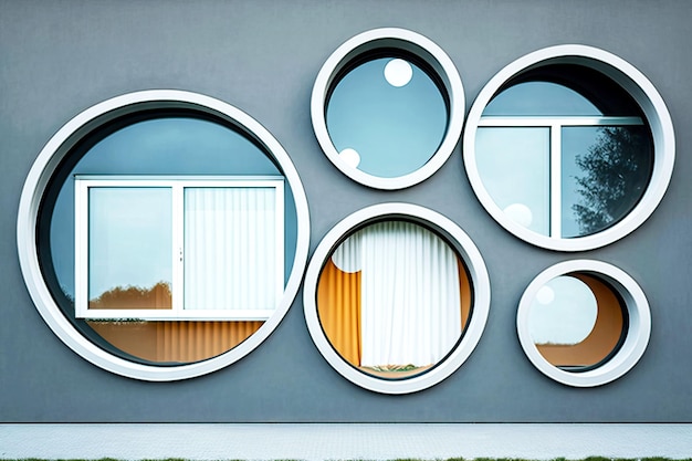 Nowoczesne okna aluminiowe z okrągłymi półprzezroczystymi elementami na ścianie generatywnej ai