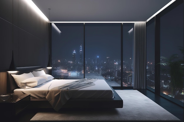 Nowoczesne okno do projektowania pokoju z zasłoną po lewej stronie makieta wnętrza domu łóżko luksusoweGenerative AI
