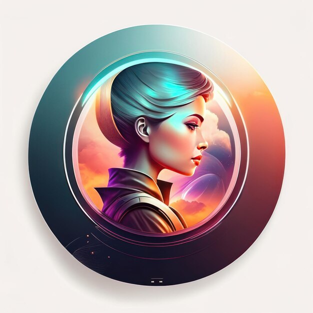 Nowoczesne okrągłe logo z futurystyczną kobietą w delikatnych kolorach i świetle w tle Generacyjna AI