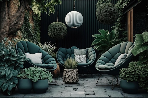 Nowoczesne patio z ciemnozielonymi fotelami i wystrojem w postaci roślin stworzonych za pomocą generatywnej ai