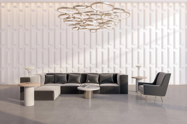 Nowoczesne piękne białe wnętrze salonu z meblami i światłem słonecznym Luksusowa koncepcja projektowania 3D Rendering