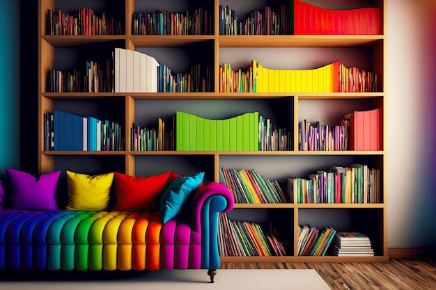 Nowoczesne podręczniki dla studentów na półkach koncepcja biblioteki stworzona za pomocą generatywnej ai