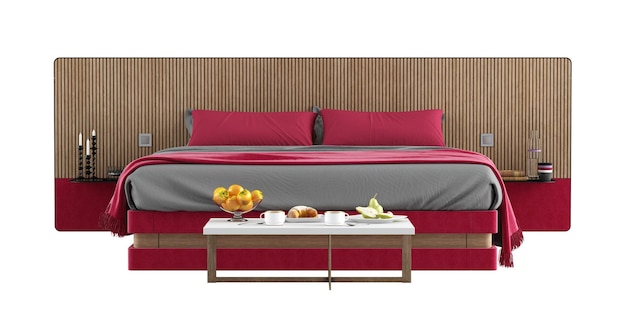 Nowoczesne podwójne łóżko z drewnianym zagłówkiem na białym tle
