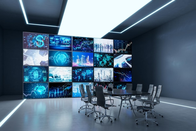 Nowoczesne pomieszczenia konferencyjne wnętrze biura z abstrakcyjnym projektorem miasta i ekranem wykresu forex Wyświetlacz ekonomii miejsca pracy Technologia finansowania handlu akcjami i przyszła koncepcja Renderowanie 3D