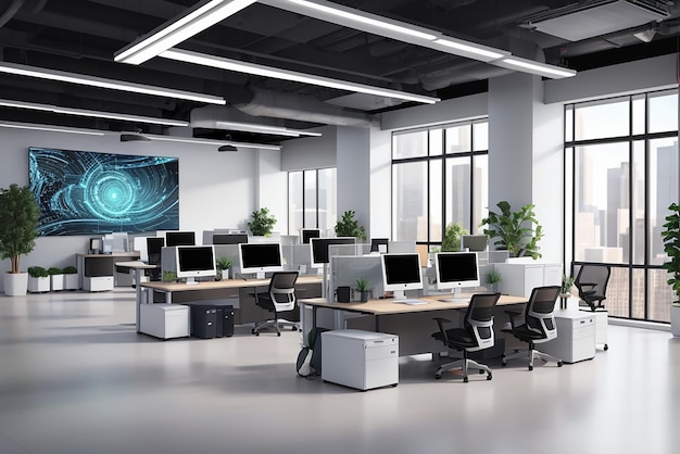 Nowoczesne powierzchnie biurowe z komputerami stacjonarnymi z nowoczesnymi komputerami stworzonymi za pomocą technologii AI generatywnej