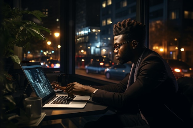 Nowoczesne przedsiębiorczości stylowy czarny biznesmen zaangażowany w generatywną sztuczną inteligencję laptopa