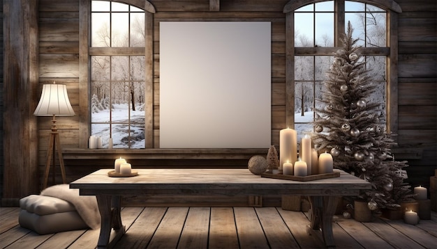 Nowoczesne przytulne wnętrze domku z pustym plakatem na ścianie krzesła lampy i okno z zimą