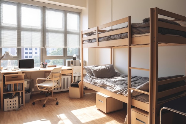 Nowoczesne, przytulne wnętrze pokoju z piętrowymi łóżkami dla dwóch osób w akademiku studenckim lub kampusie