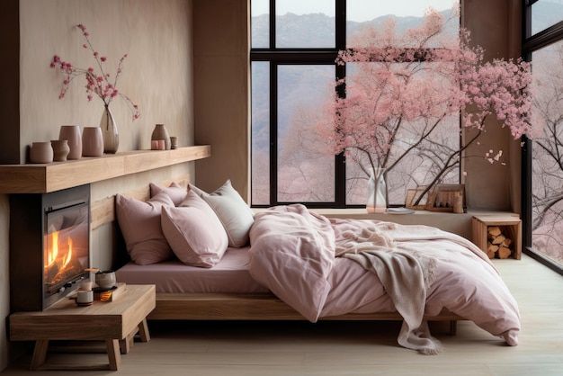 Nowoczesne przytulne wnętrze sypialni z różowym lnianym kominkiem i dużymi oknami