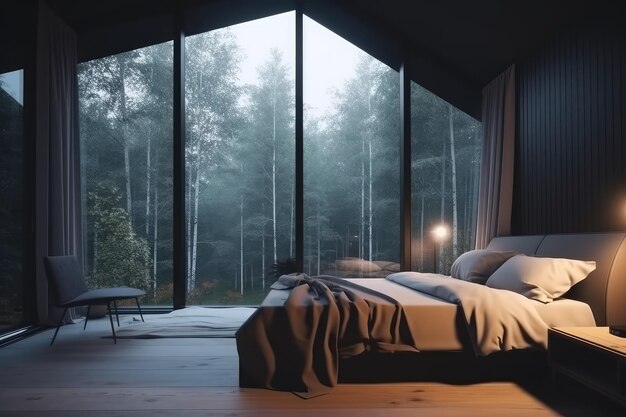 Nowoczesne przytulne wnętrze willi sypialni w minimalistycznym stylu AI