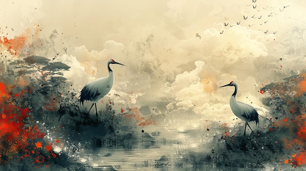 Nowoczesne ptaki żurawia japońskie tło z akwarelową teksturą malarską Wschodnia naturalna fala i chiński wzór chmury z dekoracją oceanu