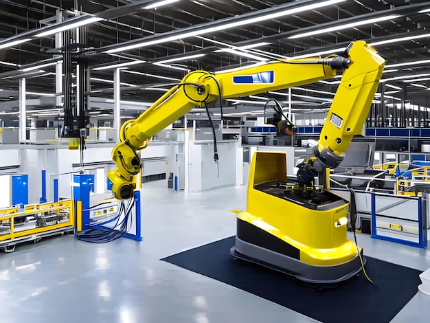Nowoczesne ramię robota przemysłowego High Tech na linii produkcyjnej fabryki jest spawane Generative AI