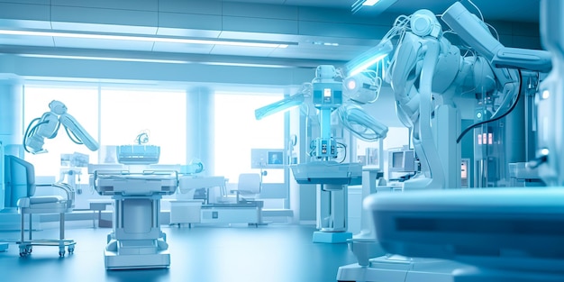 Nowoczesne roboty na chirurgicznej sali operacyjnej w szpitalnej koncepcji zaawansowanej medycyny Baner z przestrzenią do kopiowania wykonany za pomocą Generative AI