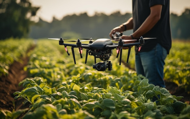 Nowoczesne rolnictwo Rolnik monitoruje zdrowie upraw za pomocą drona generatywnego przez Ai