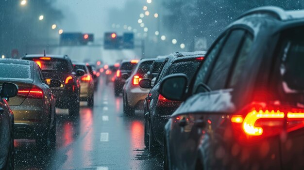 Nowoczesne samochody stoją zimą w korku na autostradzie