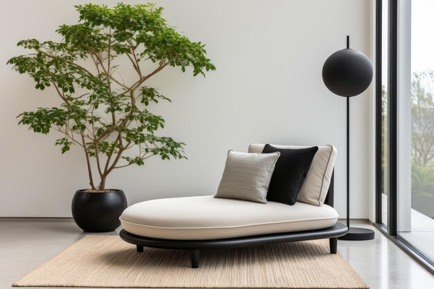 Zdjęcie nowoczesne skandynawskie białe wnętrze salonu z krzesłem i czarną ramką plakatów