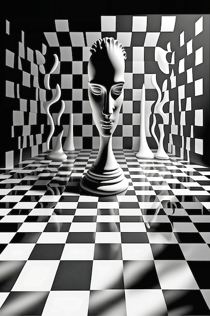 Nowoczesne stylizowane szachy z figurami szachowymi i surrealistyczną twarzą Projekt dekoracyjny Koncepcja hobby Generacyjna sztuczna inteligencja