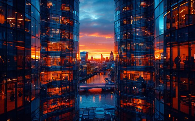 Nowoczesne szklane drapacze chmur w dzielnicy finansowej Londynu o zachodzie słońca
