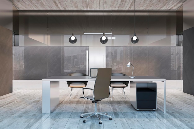 Nowoczesne szklane wnętrze biura z refleksami meble światło dzienne i wyposażenie Miejsce pracy i koncepcja korporacyjna Renderowanie 3D