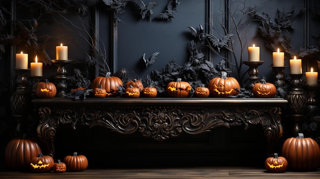Nowoczesne tło Halloween z dyniami, nietoperzami i dekoracjami Impreza z okazji Halloween