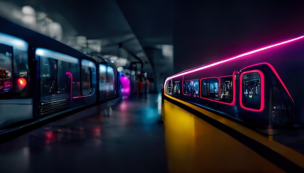 Nowoczesne Tło Neonowe Podziemne Nowoczesne Metro Nocne Metro Odbicie światła Neonowego Mokry Asfalt Ilustracja 3d