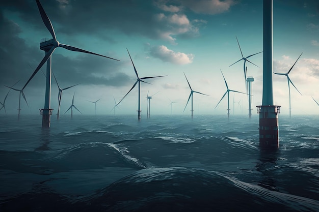 Nowoczesne turbiny wiatrowe na morzu na tle nieba AI generowane