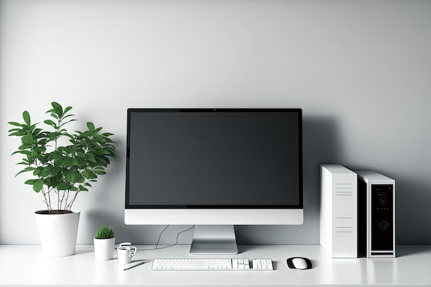 Nowoczesne ustawienie biurowe ze sprzętem komputerowym i białym stołem W celach informacyjnych pusty ekran